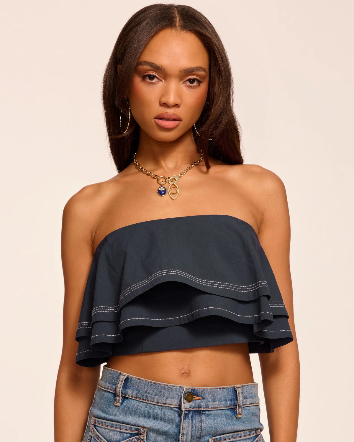 Ramy Brook - Poppy Cotton Poplin Tiered Crop Top - Navy
