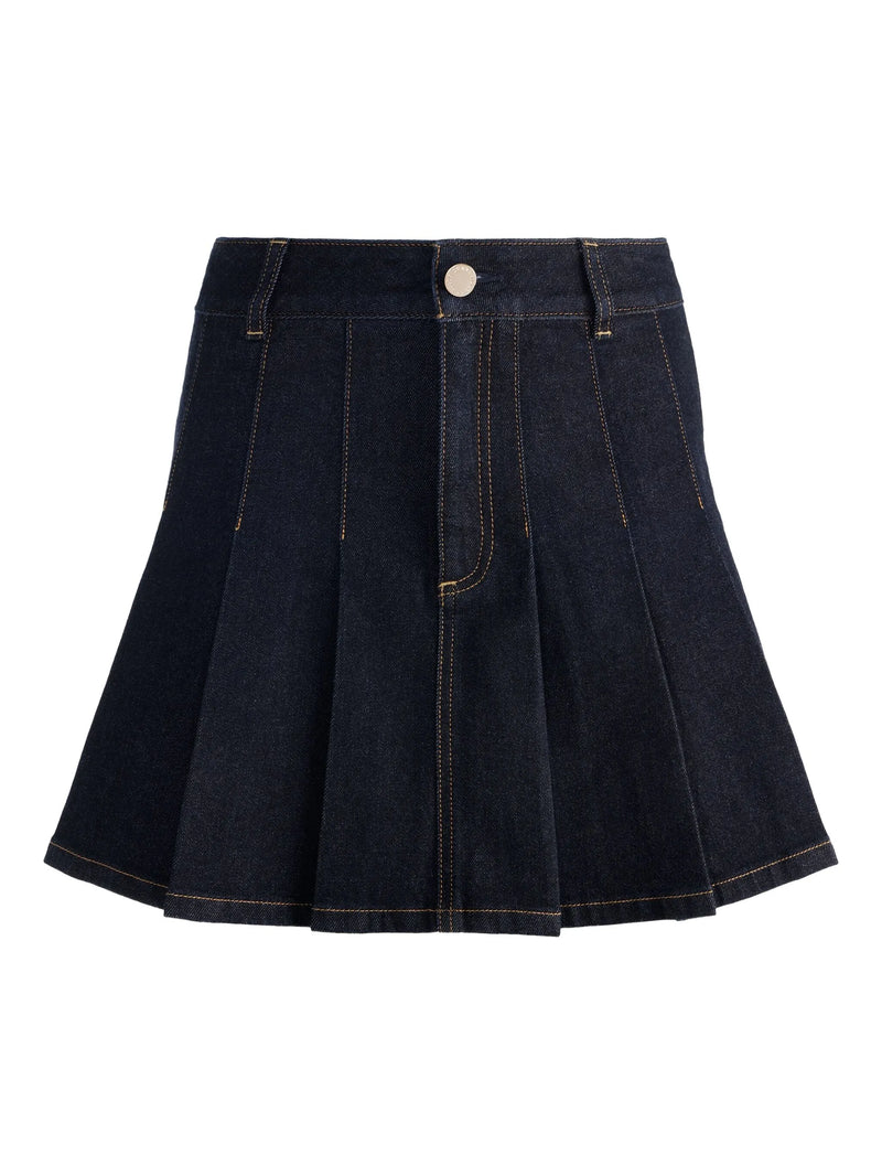 Alice + Olivia - Suzie Pleated Denim Mini Skirt - Dark Rinse