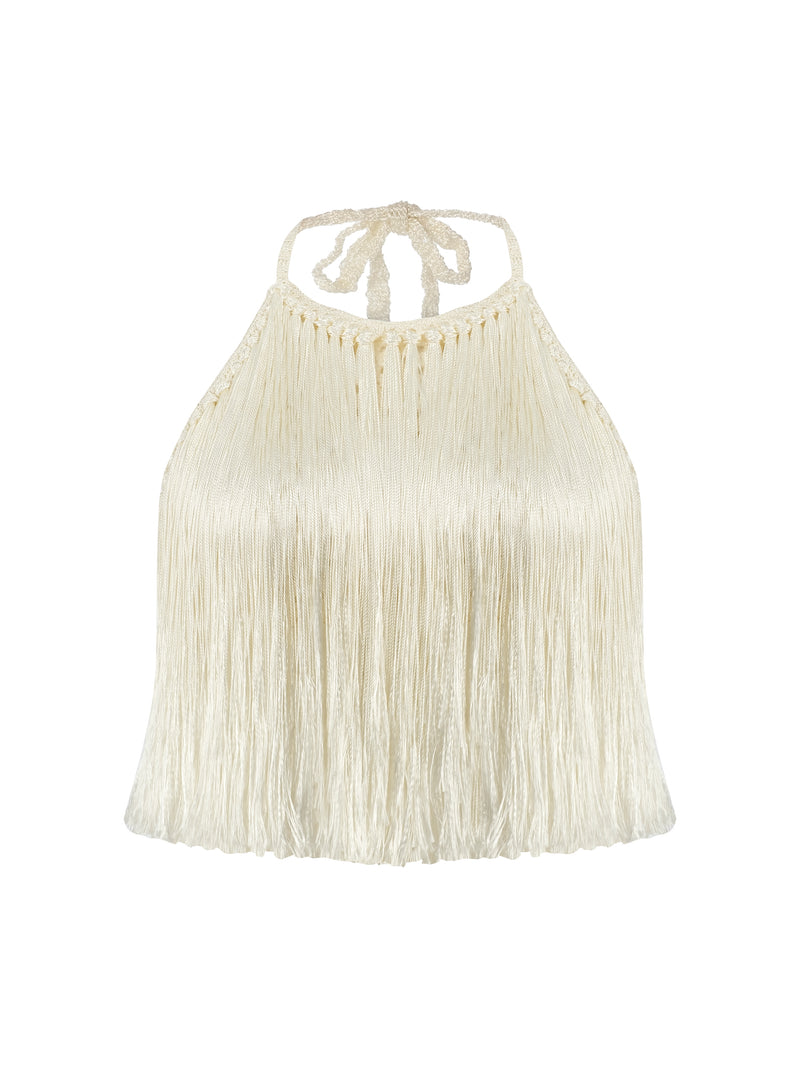 My Beachy Side - Angelica Fringed Halter Top - Snow white