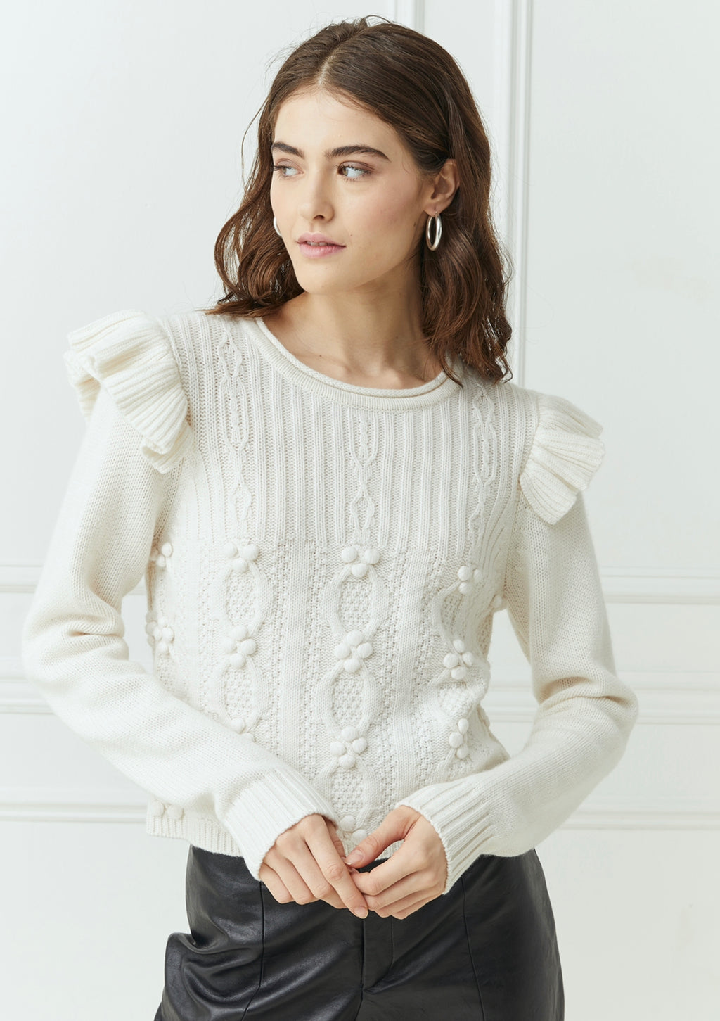 Autumn Cashmere Popcorn Cable Crew with Ruffles Snow