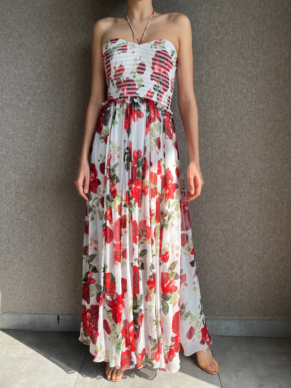 Rococo Sand - Rosie Long Dress - White with Red Roses