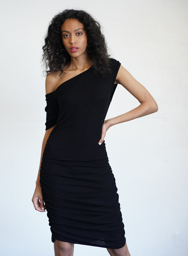 LNA - Siana Ruched Sweater Rib Dress - Black