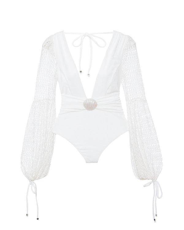 Patbo - Plunge Long Sleeve Swimsuit - White