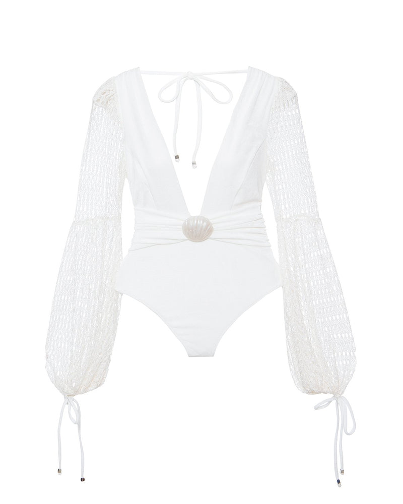 Patbo - Plunge Long Sleeve Swimsuit - White