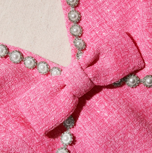 Self-Portrait - Pink Boucle V Neck Mini Dress - Pink