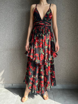 Rococo Sand - Rosie Long Dress - Black with Red Roses