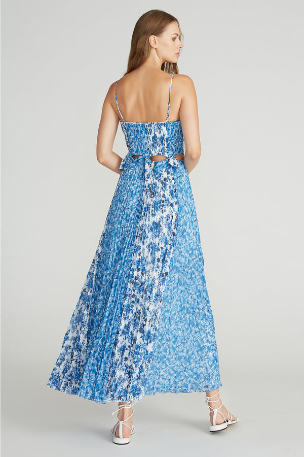 Amur - Holland Tie Pleated Dress - Mykonos Blue Porcelain Floral