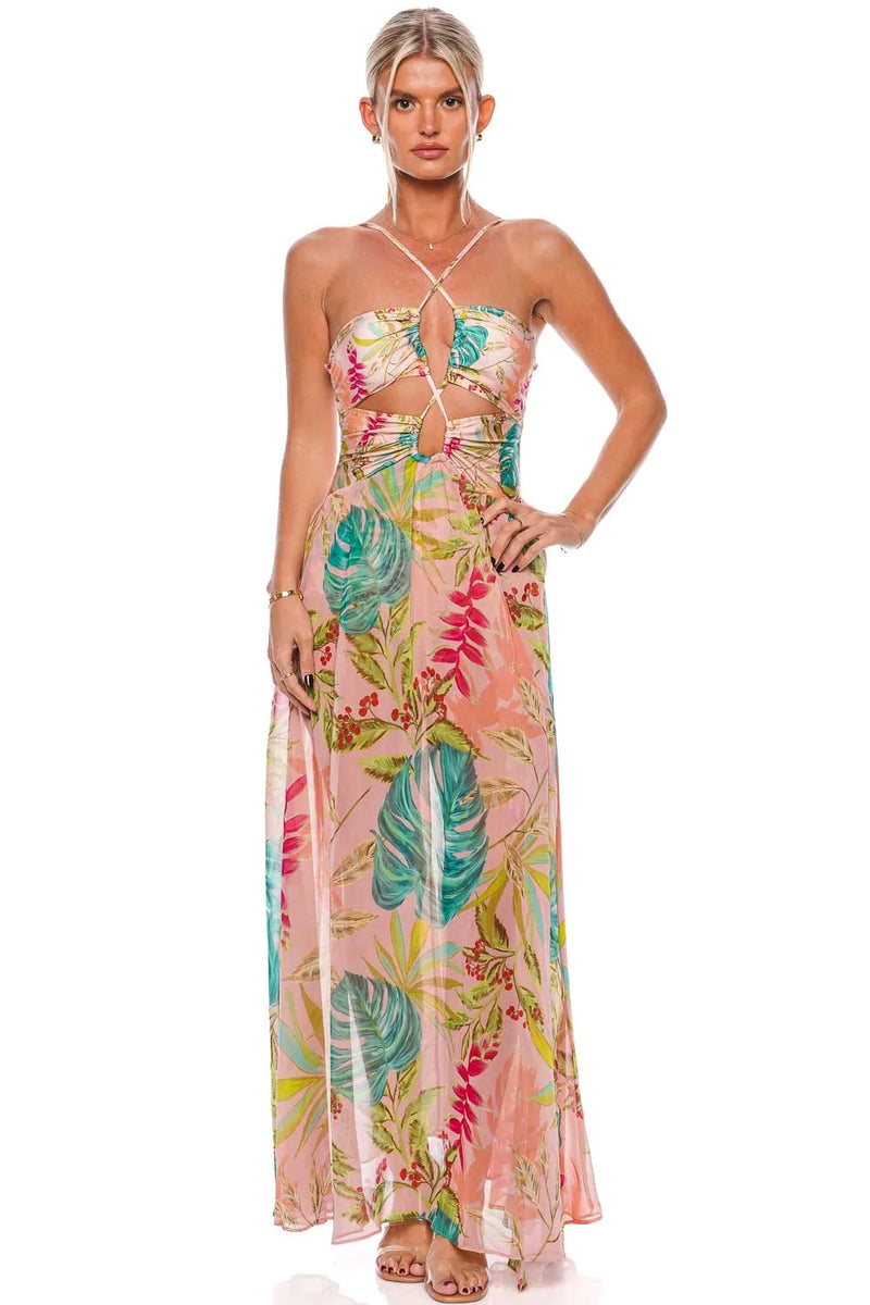 Patbo - Tropicalia Lace Up Maxi Dress with Removable Sleeves - Harbour Pink