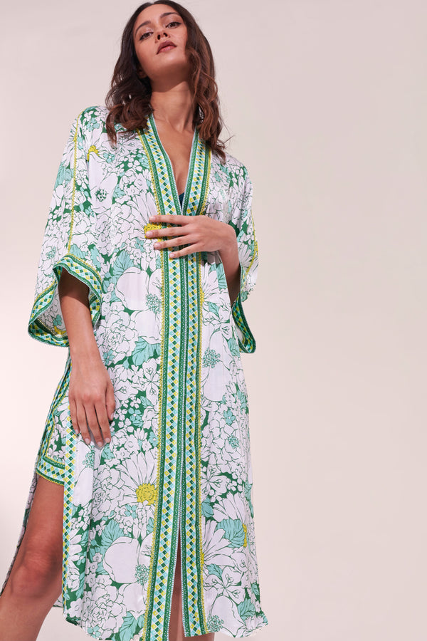 Poupette St. Barth - Long Kimono Erica - Green Macro 70’s Garden