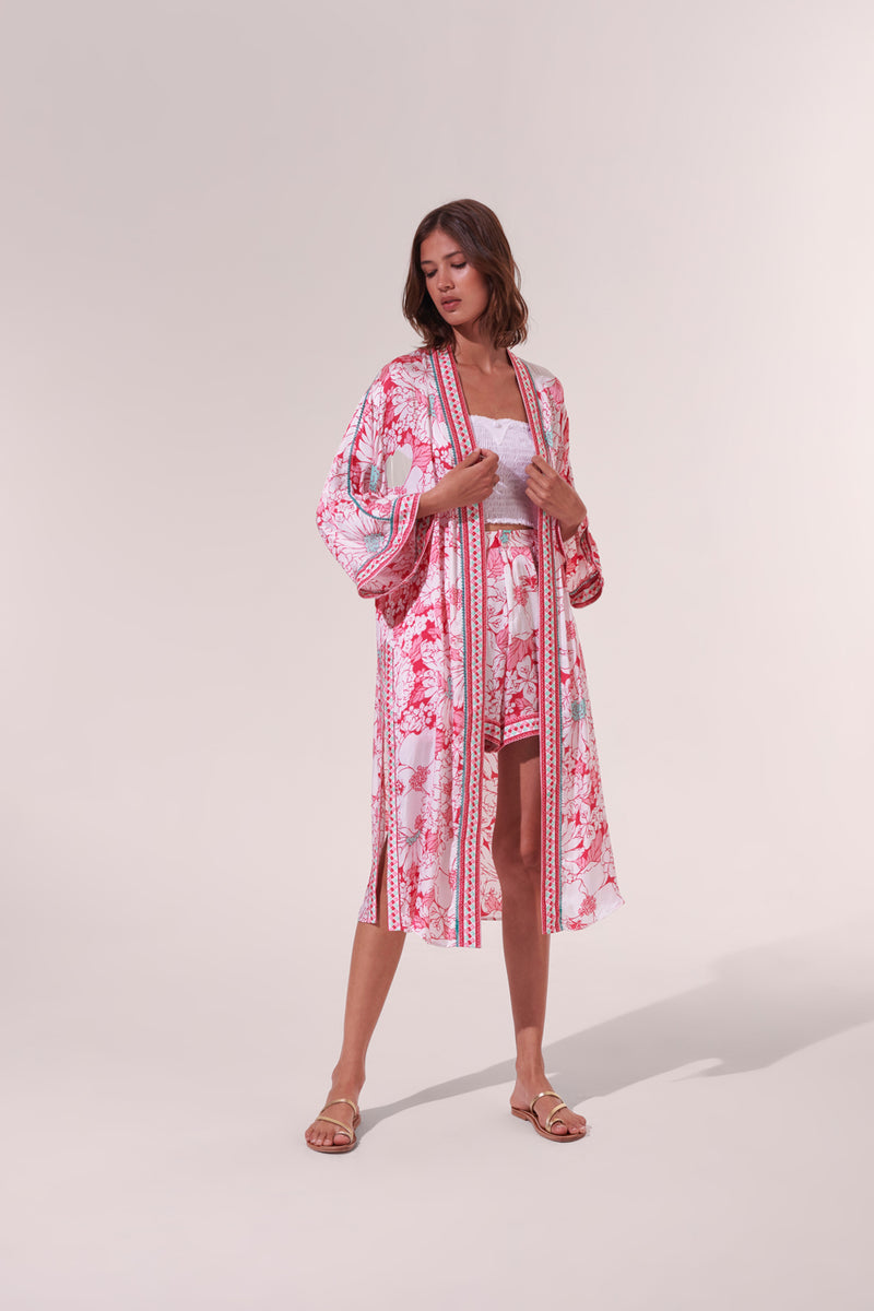 Poupette St. Barth - Long Kimono Erica - Pink Macro 70’s Garden